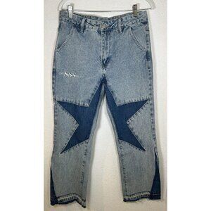 Supermade Jeans Mens L Baggy Skater Star Patch Two-Tone Raw Hem Cropped 32x27